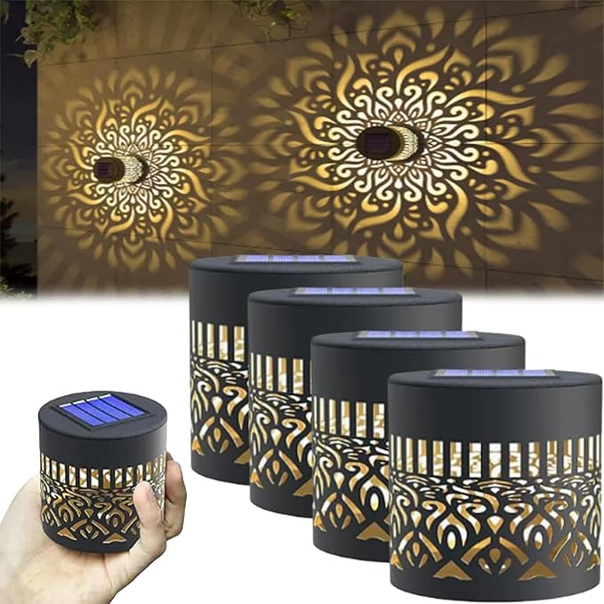 Decorative Solar Mandala Lights, Solar Mandala Lights Outdoor, Metal Solar Powered Outdoor Deck Step Wall Lights, Mandala Theme Waterproof Fence Light for Garden Post Patio Backyard Yard (4 Pcs)
