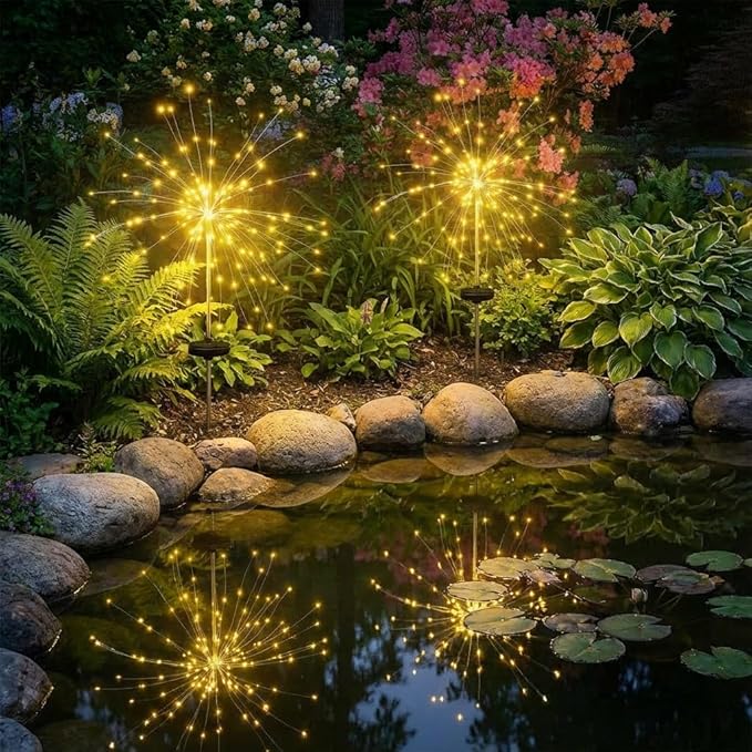 2 Pack Solar Firework Lights Outdoor - Verified 200 LED & 8 Modes - Starburst Solar Powered Garden Lights | Lumora