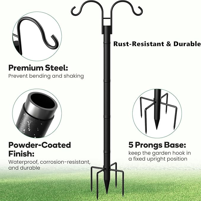 BEAU JARDIN Double Shepherds Hooks for Outdoor 76”2 Pack + 8 Pack Solar Pathway Lights