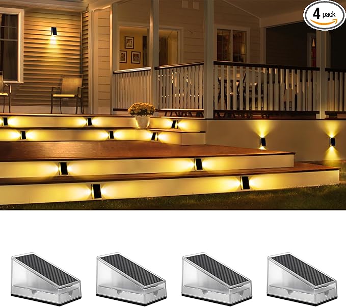 4 Pack Solar Stair Lights, 11 Lighting Modes, Waterproof IP65, Outdoor Step Lights for Porch, Patio, Wall, Walkway, Garden, Deck