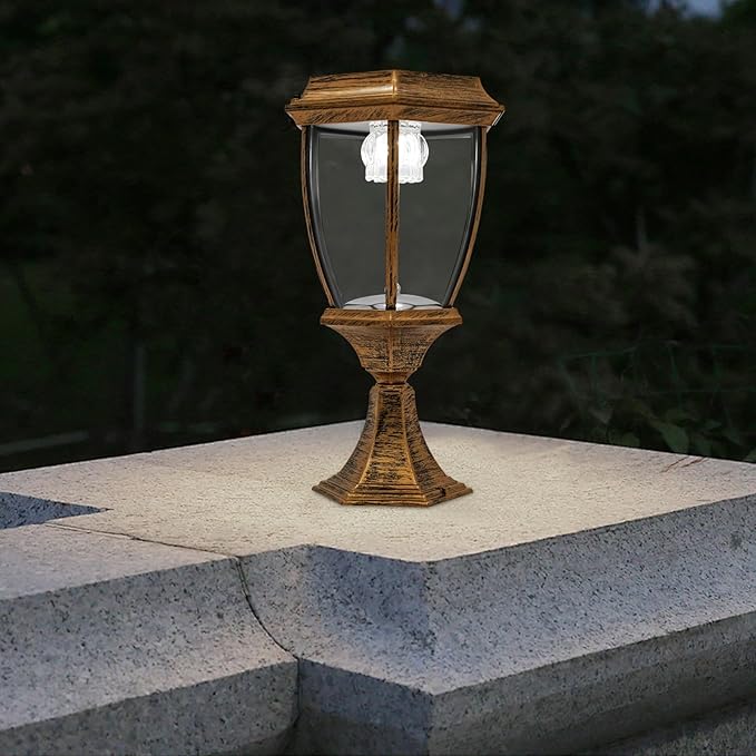 Retro Solar Powered Pillar Lights Outdoor Garden LED Lamps Bronze Aluminum Solar Lamps Waterproof LED Landscape Light Copper Fence Post Solar Lantern for Yard Patio