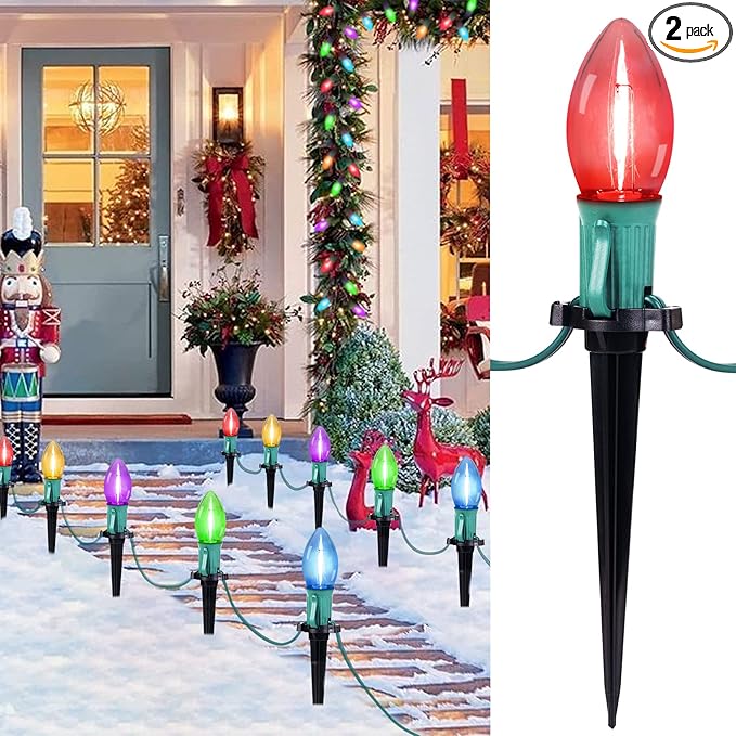 Brightown C9 Christmas Lights Outdoor, 2 Packs Total 51.4 Ft Christmas Pathway Lights with 40 LED Bulbs and Stakes, Connectable Outdoor Christmas Decorations Yard Walkway Sidewalk Holiday, Multicolor