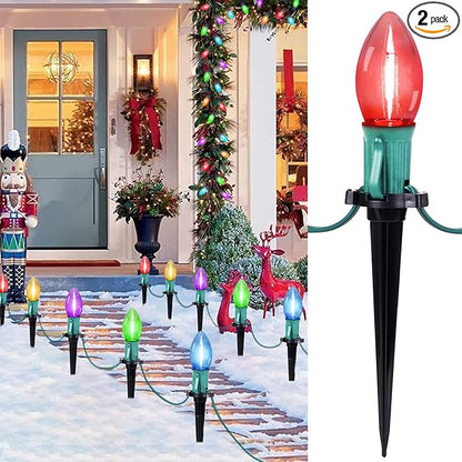 Brightown C9 Christmas Lights Outdoor, 2 Packs Total 51.4 Ft Christmas Pathway Lights with 40 LED Bulbs and Stakes, Connectable Outdoor Christmas Decorations Yard Walkway Sidewalk Holiday, Multicolor