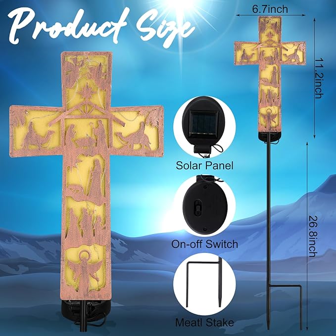 Tuanse 11 Inches Christmas Nativity Scene Outdoor Bronze Cross Decorations Metal Solar Lighted Cross Nativity Scene Garden Stake Retro Solar Outdoor Religious Sign for Christmas Outside Patio