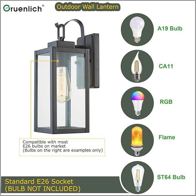 GRUENLICH Outdoor Wall Lantern, Wall Sconce for Porch Lighting Fixture, E26 Base Max 60W, Metal Housing Plus Glass, Matte Black Finish, Bulb Not Included, 1-Pack