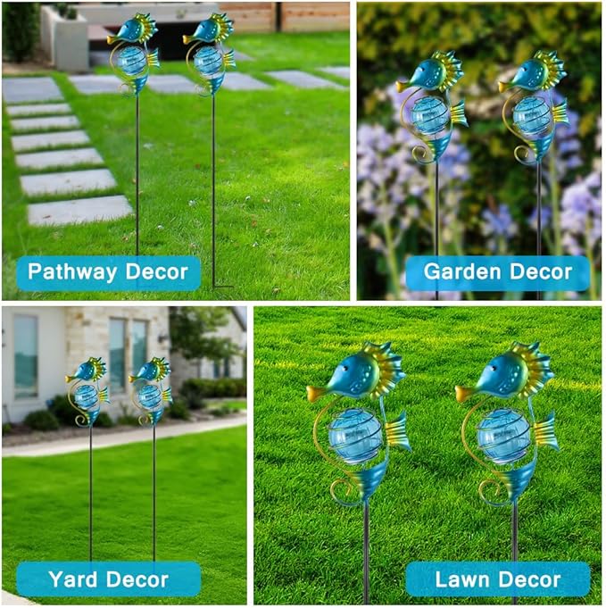 Solar Lights Outdoor 2 Pack,Metal Garden Decorative Stake Solar Lights Blue Seahorse Decor for Garden,Pathway,Lawn,Patio,Yard