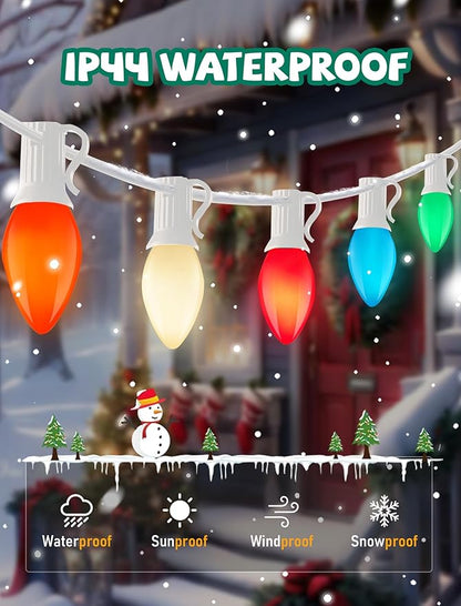 C7 Christmas Lights Outdoor, 25Ft Vintage Christmas String Lights with 27 Multicolor Ceramic Bulbs, Hanging Christmas Decorations Lights for Xmas Tree Roofline House Garden Patio Yard-White