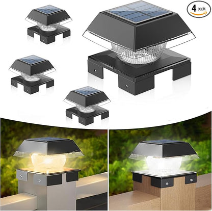 Solar Post Cap Light Outdoor, IP65 Waterproof Black Deck Post Lights for 4x4 Wood/Vinyl, Fence Posts Solar Lights with 2 Color Modes Decorate Backyard Garden Railing Mailbox Posts, 4 Pack