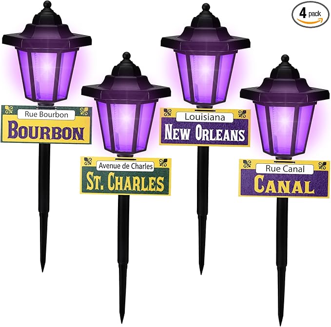VIHOSE 4 Pcs Solar Mardi Gras Pathway Light Outdoor New Orleans Street Sign Waterproof Purple Solar Stake Light Mardi Gras Lamp Yard Sign for Garden Outside Porch Supplies New Orleans Decorations