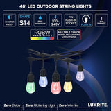 LUXRITE 48FT LED RGBW Outdoor String Lights, Remote Control Color Changing Cafe Lights, Commercial Grade | Lumora