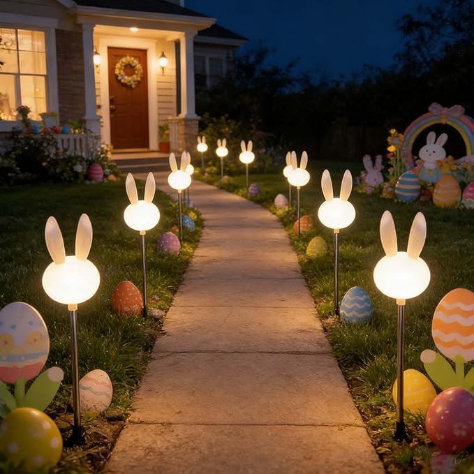 Easter Bunny Pathway Solar Lights Outdoor Easter Rabbits Solar Lights Spring Bunny Solar Yard Stake Light for Garden Patio Yard Pathway Lawn Decor