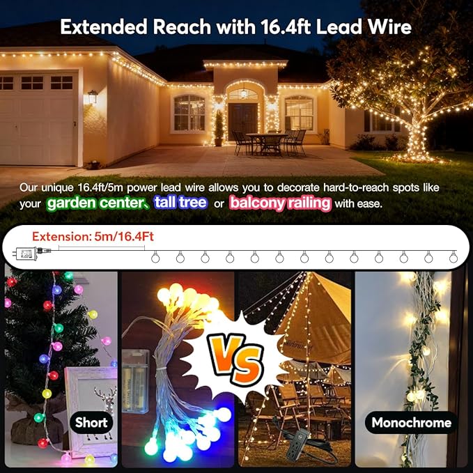 180ft Globe String Lights with 16ft Extended Lead & Stable Remote - 300 LED Warm White, 8 Distinct Modes, IP44 | Lumora