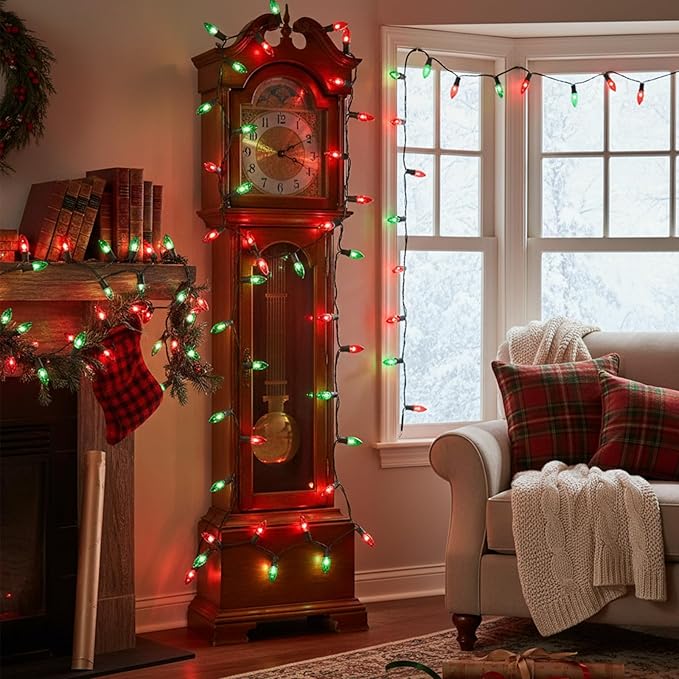 25FT Red and Green Christmas Lights, C9 Waterproof Red Green Outdoor Light with 26 Bulbs (1 Spare), Shatterproof Hanging String Lights for Home Garden Yard Xmas Tree Decorations