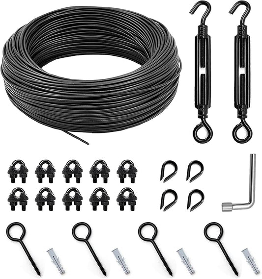 String Light Hanging Kit Outdoor, Full Black Globe String Lights Suspension Kit w/ 50FT PVC Coated Steel Cable & Enough Accessories, Guide Wire for String Lights, Patio Lights, Camping Light