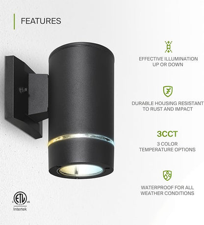 ASD 1 Light LED Indoor & Outdoor Wall Light Fixture | 9W 580LM 3000K-5000K 100-277V Cylinder Up Down Lights | Dimmable Exterior Wall Sconce | Front Door, Porch, Patio | Ringed Black, ETL 2 Pack