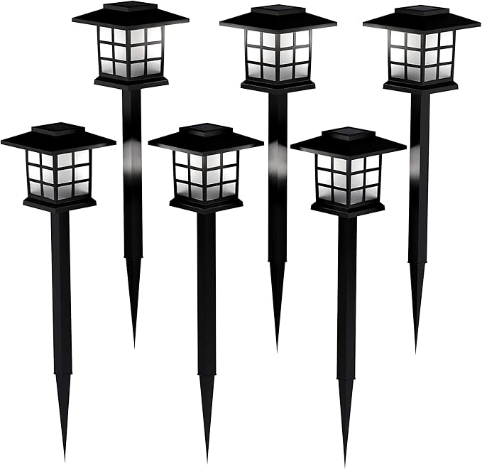 Solar Pathway Coach Lights - Set of 6 Water-Resistant Outdoor Stake Lighting for Garden, Landscape, Patio, Garden, and Walkway by Pure Garden (Black)