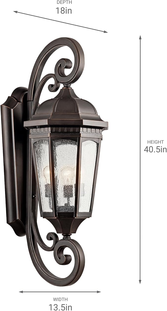 Kichler Courtyard 40.50" 3 Light Outdoor Wall Light with Clear Seeded Glass in Rubbed Bronze | Lumora