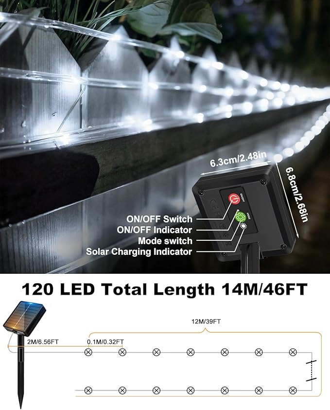 btfarm Solar Rope Lights Outdoor, 120LED 46FT Solar String Lights Outside Waterproof, 8 Lighting Modes Tree Tube Fairy Light Solar Powered for Garden Christmas Yard Party Decorations, Cool White