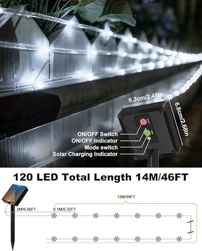 btfarm Solar Rope Lights Outdoor, 120LED 46FT Solar String Lights Outside Waterproof, 8 Lighting Modes Tree Tube Fairy Light Solar Powered for Garden Christmas Yard Party Decorations, Cool White