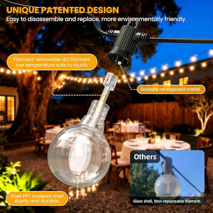 100FT Solar String Lights Outdoor Waterproof IP65 with USB-Charging , Solar Powered LED Patio Lights with 50+2 | Lumora
