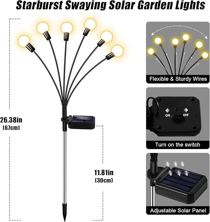 Solar Lights Outdoor Garden – 6 Pack 36 LEDs Solar Firefly Lights, Swaying Lights Waterproof, Solar Decorations for Yard Patio Pathway Lawn Gardening Gifts - 6 Pack