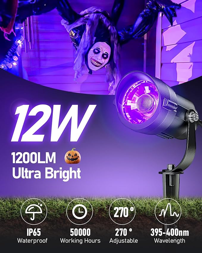 HIBOITEC Halloween Black Light Spotlight Outdoor 12W IP65 Waterproof LED Spot Lights Landscape Lighting with US Plug for Glow Party Body Paint Yard Garden Decorations 2Packs