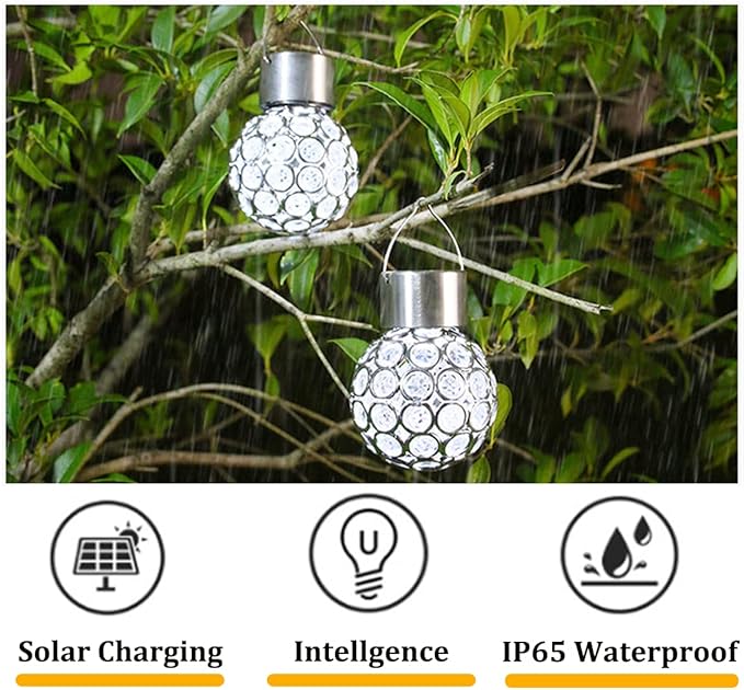 2 Pack Hanging Solar Light Outdoor, Decorative Solar Powered Waterproof Ball Shaped Night Light, Hanging Globe Solar Lights for Gardens, Yards, Patios, Lawns (Color-Changing Light)