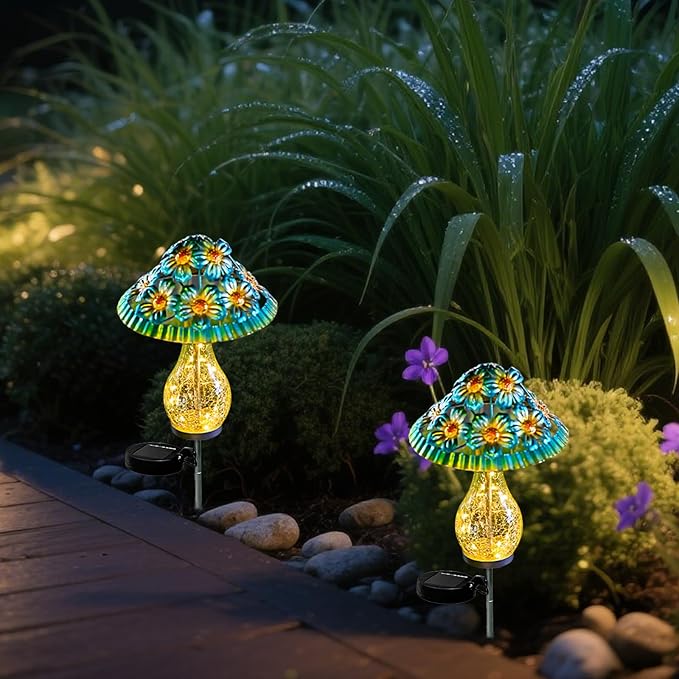 Solar Outdoor Lights, Hand-Blown Glass Mushroom Solar Lights Outdoor with Metal Ground Spikes, Decorative Solar Lights for Outdoor Garden Yard Lawn Porch Backyard Pathway, Gifts for Mom Women (Blue)