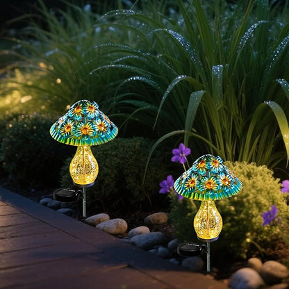Solar Outdoor Lights, Hand-Blown Glass Mushroom Solar Lights Outdoor with Metal Ground Spikes, Decorative Solar Lights for Outdoor Garden Yard Lawn Porch Backyard Pathway, Gifts for Mom Women (Blue)