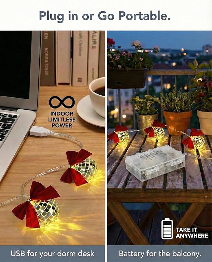 AceList Disco Ball String Lights with Removable Red Bows, 20 LED 1.6" Large Mirror Balls, 8 Modes Waterproof Battery Box/USB Fairy Lights for Christmas Tree, 70s Party, Bedroom, Outdoor Camping