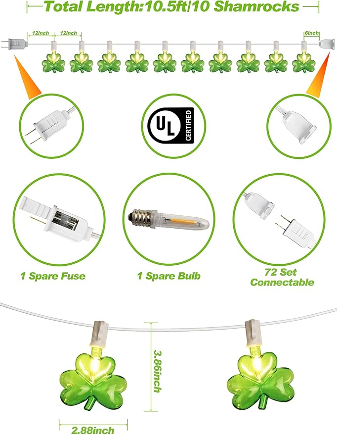 St Patricks Day Shamrock String Lights, 10.5ft Connectable Outdoor Green Clover Lights, Warm White Wire, UL Listed Waterproof