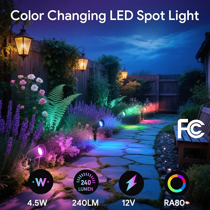 Energetic Colored Low Voltage Landscape Lights, 12W RGBW Spotlights, IP65 Waterproof Colorful Pathway Lights | Lumora