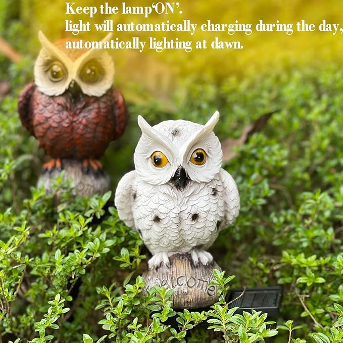 Owl Solar Garden Stake Lights, 2 Pack Owl Outdoor Path Solar Powered Owl Stake Lights for Walkway Yard Lawn Landscape Lighting (White&Brown)