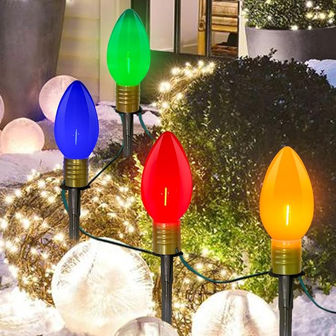 SUNSGNE C9 Christmas Pathway Lights, 7Ft Outdoor Stake with 4 Jumbo Multicolor LED Bulbs, Connectable Marker for | Lumora