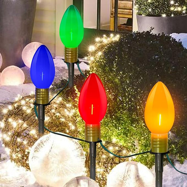 SUNSGNE C9 Christmas Pathway Lights, 7Ft Outdoor Stake with 4 Jumbo Multicolor LED Bulbs, Connectable Marker for | Lumora
