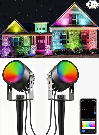 Ligency Spotlight Outdoor Smart Low Voltage Landscape Lights, 2 Pack Outdoor Spot Lights IP65 Waterproof RGBW Color Changing Spotlights for Yard Garden, 28.8Ft