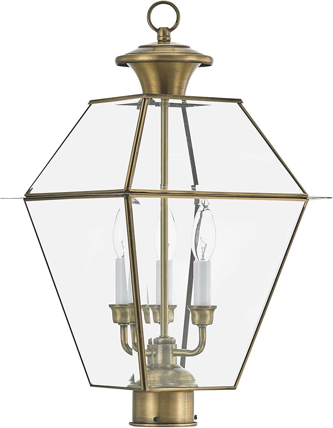 Livex Lighting Lantern 2384-01 Westover 3-Light Outdoor Post Head, Antique Brass | Lumora