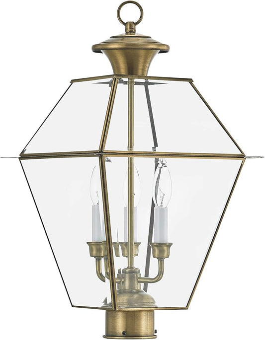 Livex Lighting Lantern 2384-01 Westover 3-Light Outdoor Post Head, Antique Brass