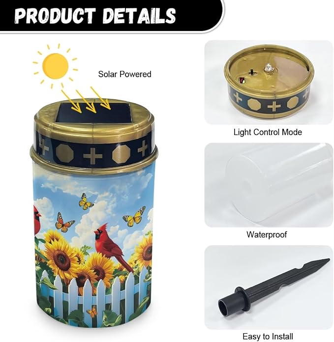 Butterfly Solar Lights Outdoor Waterproof Walkway Cardinal Sunflower Solar Lights for Outside Decorations in Memory of Loved Ones
