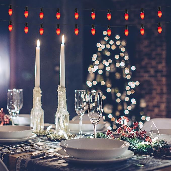 Abeja C7 Valentines Day Decorations Light, 25Ft Vintage Christmas Light with 27 Red Ceramic Bulbs(2 Spare), Hanging Romantic Red Lights for Valentine's Day Party Indoor/Outdoor