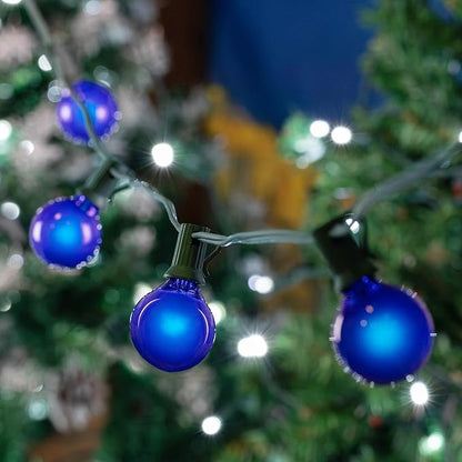 G40 Patio String Lights with 25 Blue Globe Bulbs - Hanging Garden String Lights - Vintage Backyard Patio Lights - Outdoor String Lights - Market Cafe String Lights - Green Wire - 25 Foot