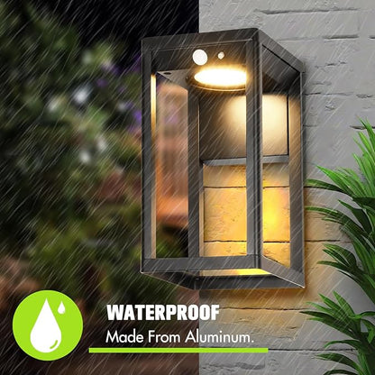 Solar Outdoor Wall Light with Motion Sensor - 600 Lumen Aluminum Solar Sconce Lights Outdoor, Dusk to Dawn Wall Lantern for Garage, Porch, Front Door. IP44 Waterproof, Black