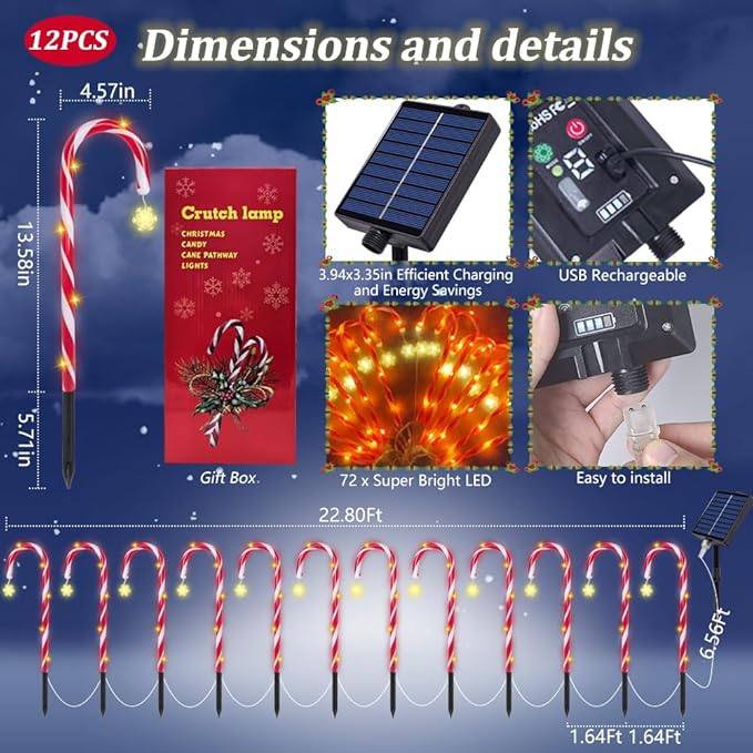 Candy Cane Lights Christmas Decorations, 12 Pack Solar Candy Cane Pathway Lights with 8 Modes and Timer, 72 LED | Lumora