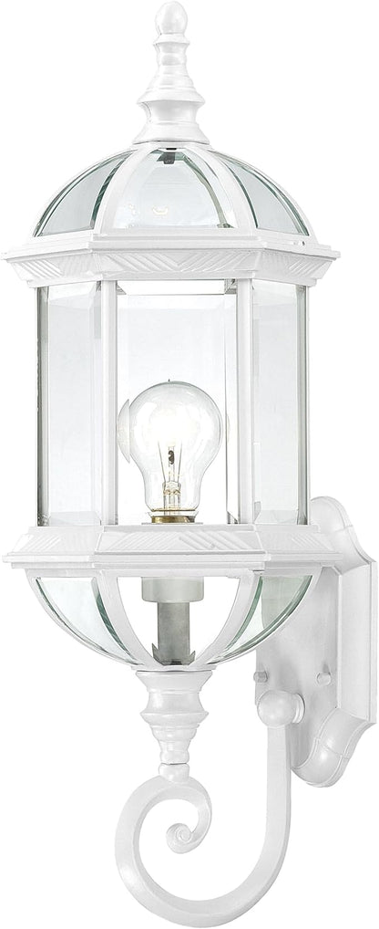 Nuvo Lighting 60/4971 Boxwood One Light Mid-Size One Light Wall Lantern/Arm Up Clear 100 Watt A19 Max. Beveled Glass White Outdoor Fixture, 22-Inches