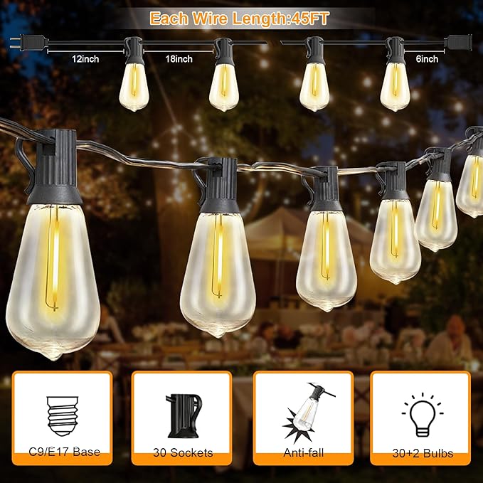 GOOTHY LED Outdoor String Lights 45Ft Patio Lights with 32 Shatterproof ST40 Vintage Edison Bulbs (2 Spare), Hanging Outdoor Light UL Listed for Porch Garden Backyard Balcony Decor