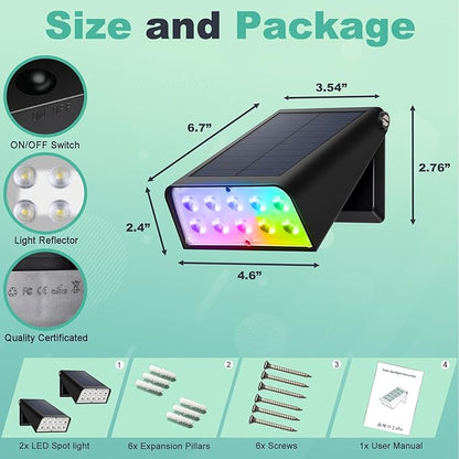 Solar Fence Lights Outdoor Waterproof, Deck lights with White/Rgb/Color Changing, 6 Lighting Modes, 90° Rotating Light, Dusk to Dawn,Waterproof for Patio/Driveway/Landscape/Garden/Pool, 2 Pack
