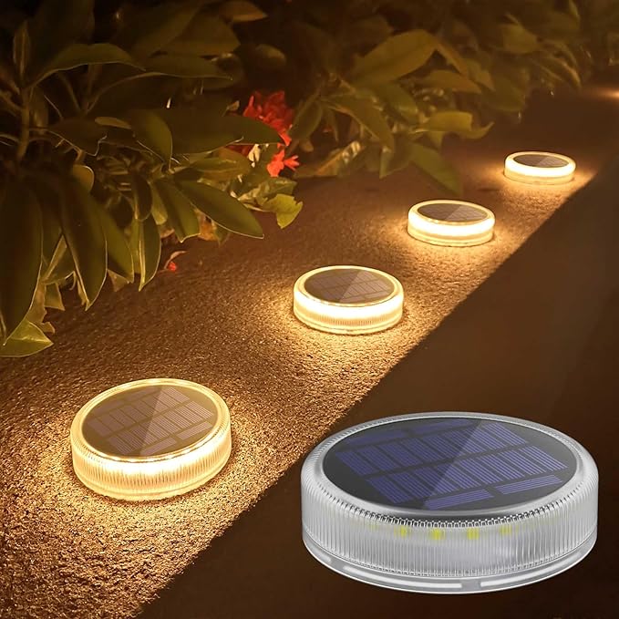 Lacasa 4-Pack Solar Deck Lights Outdoor Waterproof LED, Garden Step Lights Solar Powered Driveway Dock Lights Marine, Dusk to Dawn Lighting for Yard Patio Pathway, Round, Warm White