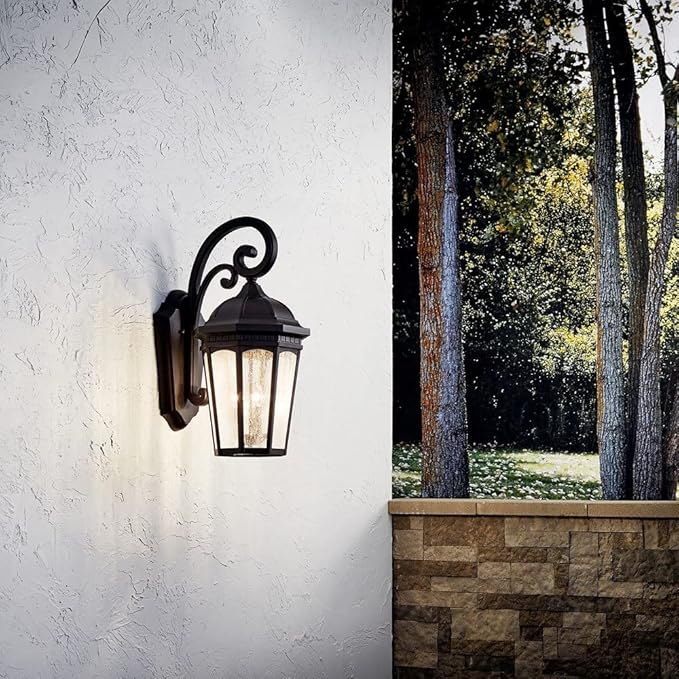 Kichler Courtyard 26.5" 3 Light Outdoor Wall Light with Clear Seeded Glass in Textured Black | Lumora