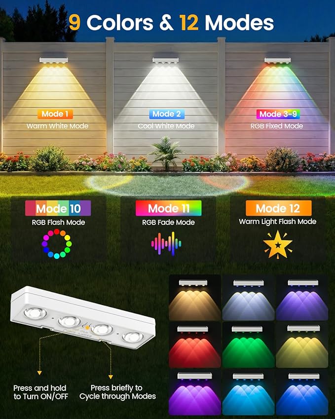 Solar Fence Lights Outdoor, 8 Pack, 9 Fixed Colors ＆ Color Changing Solar Lights Outdoor Waterproof IP65 | Lumora