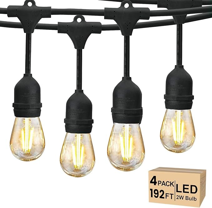 Svater 192 FT Outdoor String Lights 2W, Patio Light for Outside with Extra 30 Packs Antique S14 Plastic LED Bulbs
